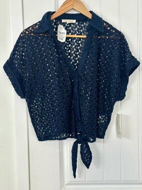 Lily Star Navy Crochet Short Sleeve Top with Tie Detail